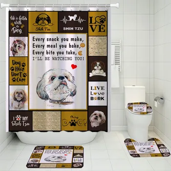 

4 Piece Bathroom Set with Free Hooks Letter Print Waterproof Shower Curtain Non Slip Carpet Durable Toilet Cover Bathtub Decor