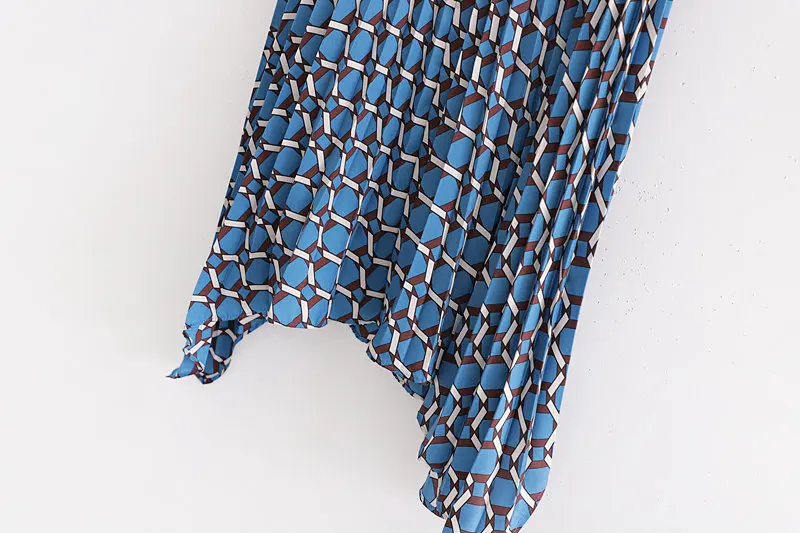 QZ262 European Design Blue Color Geometric Print Pleated Skirt Women's Chic Match All Saias