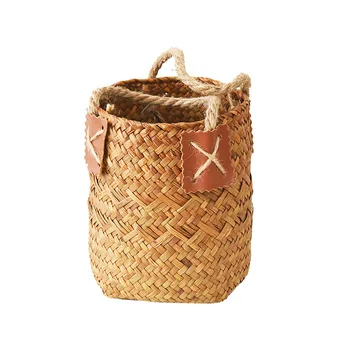 

2 Size Natural Woven Flower Basket Foldable Seagrass Belly Storage Basket Flower Pot Weaving Dirty Garment Handle with Basket