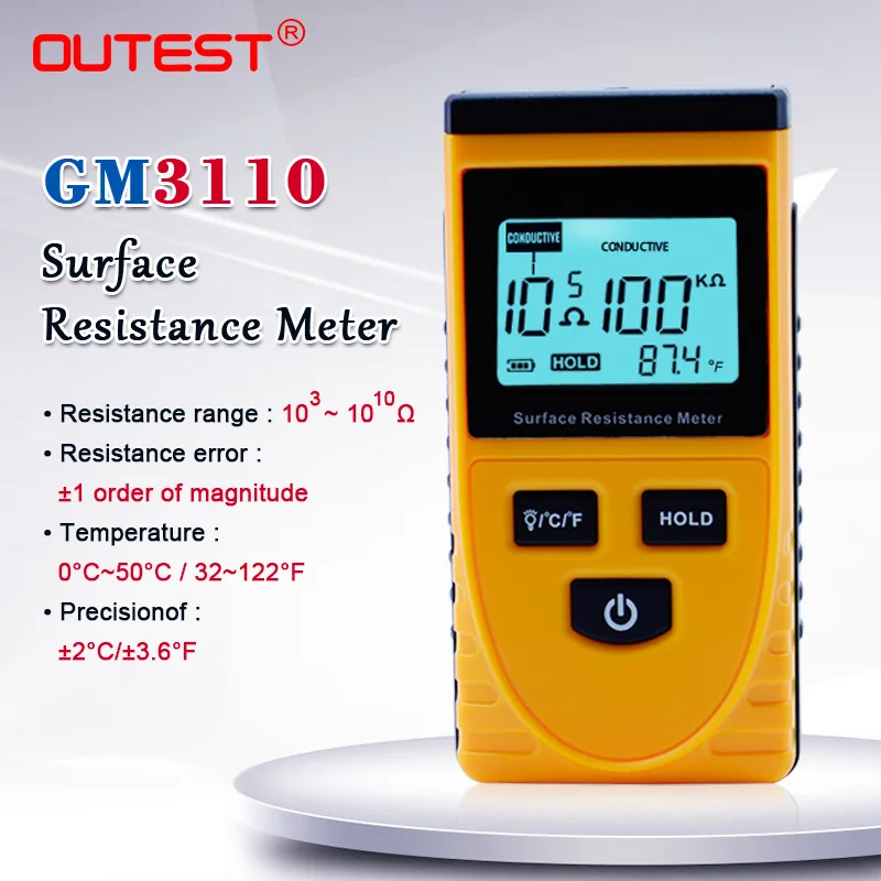 Medidor de Resistência de Superfície Tester com Função de Retenção de Dados Portátil Display ^ 3-10 12 Ohm Gm3110 Lcd 10