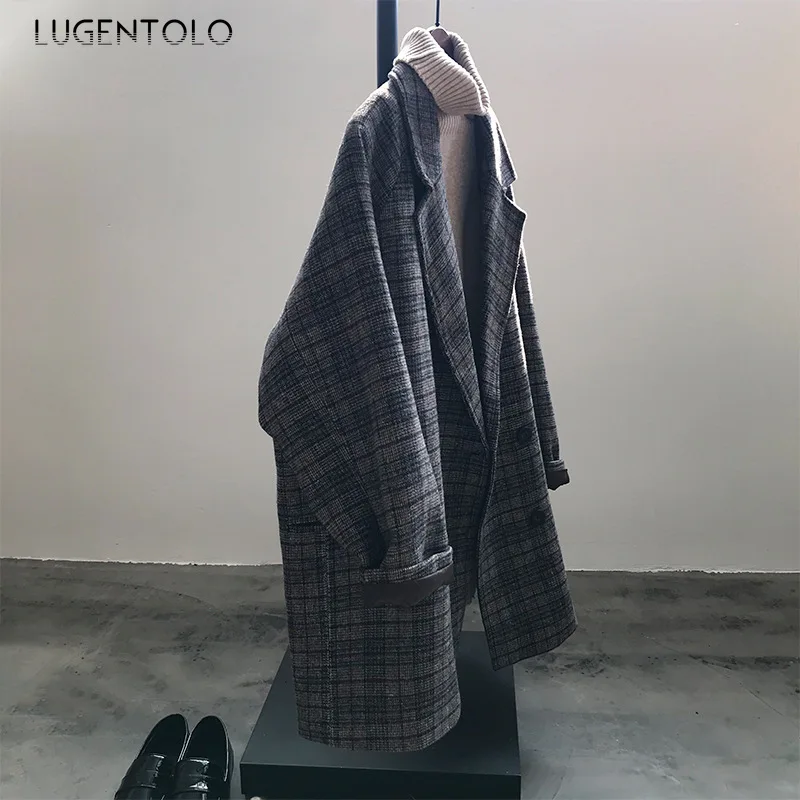 Lugentolo, Женское шерстяное осенне-зимнее шерстяное пальто, свободное повседневное корейское винтажное клетчатое элегантное пальто средней длины с отложным воротником