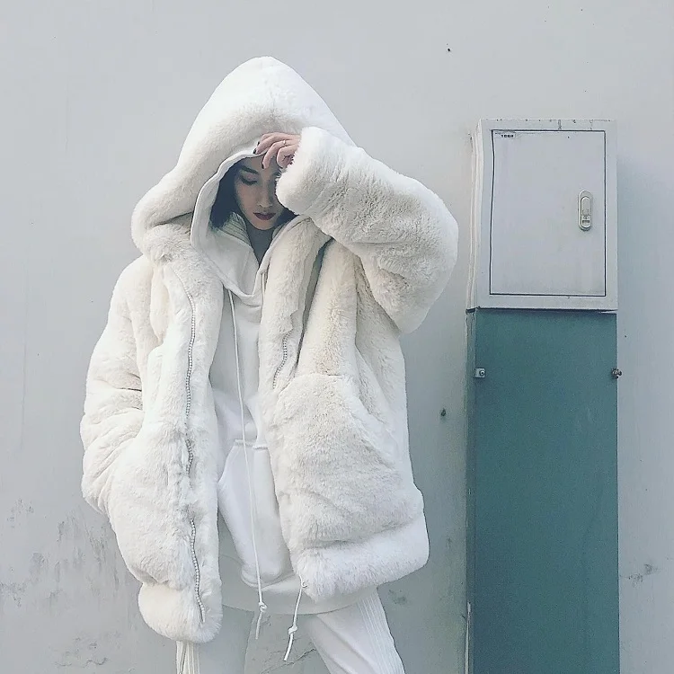 Loose fried street lamb plush fur coat female young winter cute hoodie imitation rex rabbit long thick warm. | Женская одежда