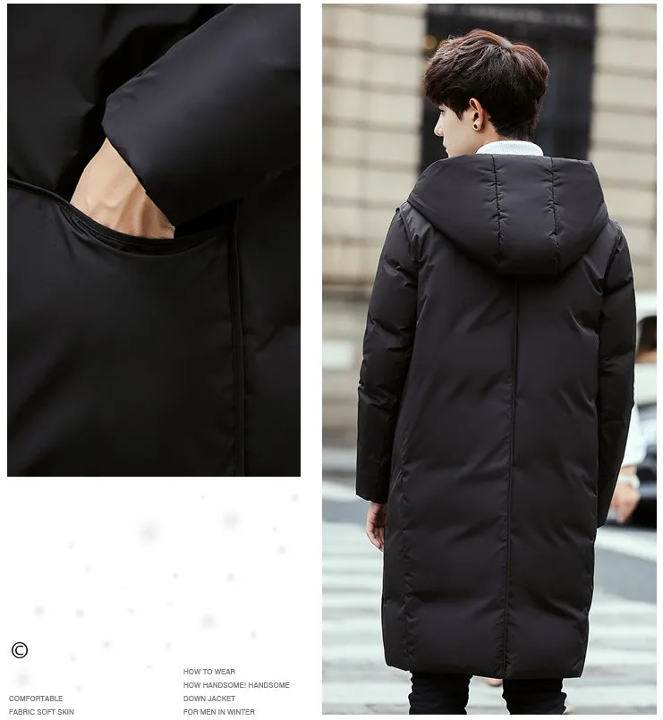 Black Gray Long Winter Down Jacket Men Thick Warm Hooded Loose Solid Outerwear Fashion Windproof Overcoat Mens Clothes YT50206