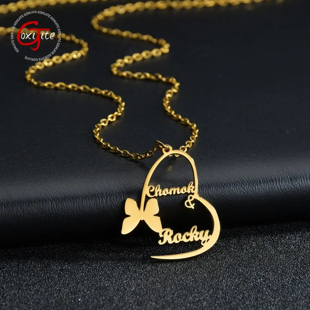 Goxijite Trendy Butterfly Heart Pendants Custom Name Necklaces Women Personalized Gold Color Hearts Choker Jewelry Accessaries