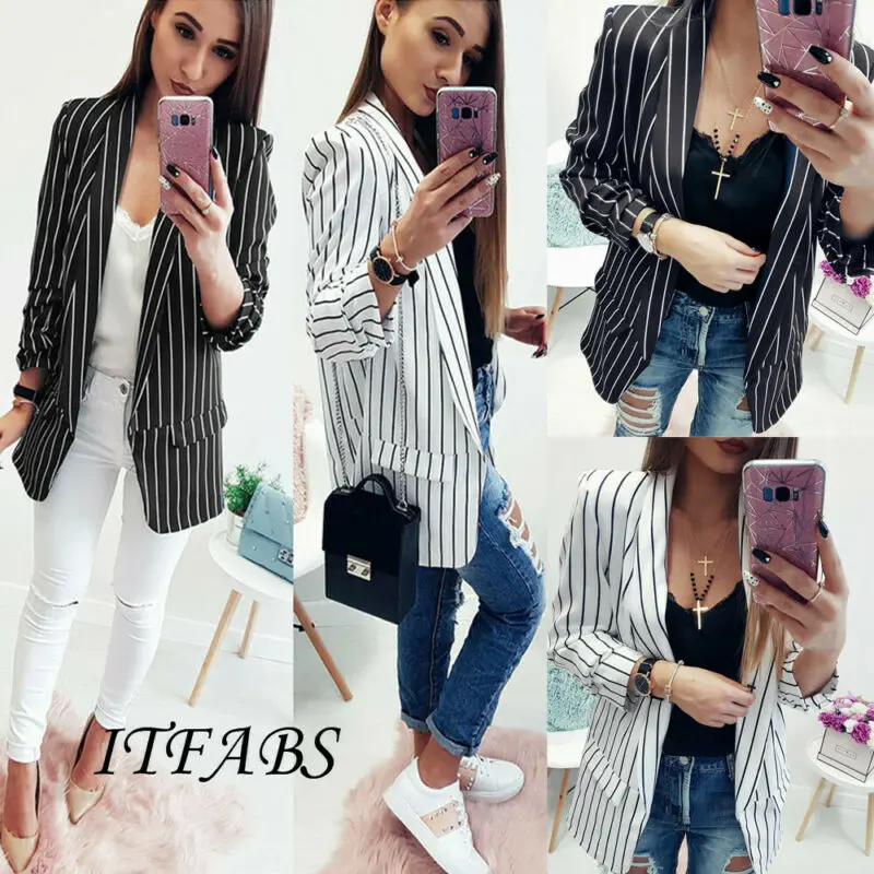 Las mujeres negro blanco rayas traje Tops elegante Slim chaquetas abrigo blusa -