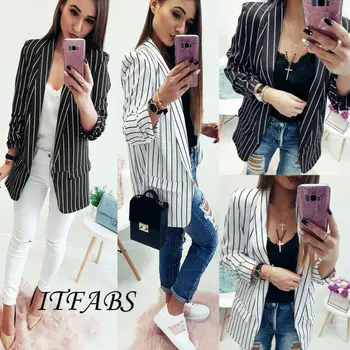 

Women's Black White Striped Suit Tops Stylish Slim Blazer Jackets Coat Blouse