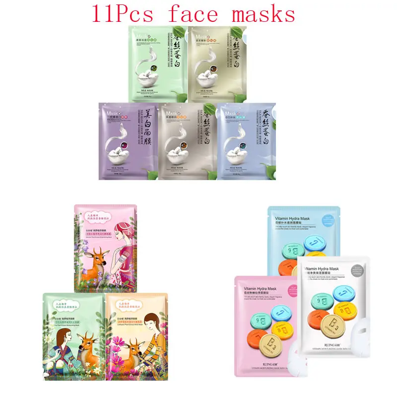 

11Pcs mixed Silk protein Plateau plant extraction vitamin Face Mask extraction Moisturizing Whitening Anti-Aging Facial Masks