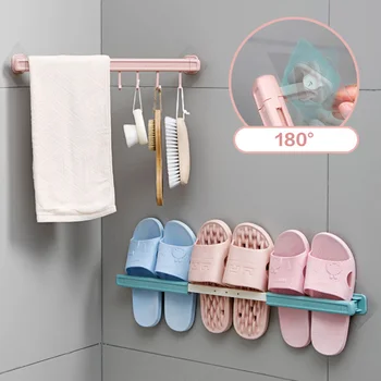 

Adjustable Towel Racks No Punching Wall Slippers Rack With Hooks Bathroom Bath Tower Hanging Rack