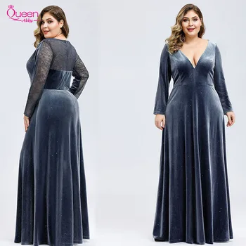 

Evening Dress New Blue A-line V-neck Appliques Long Floor-length with Zipper Back Long Sleeves Evening Party Gowns