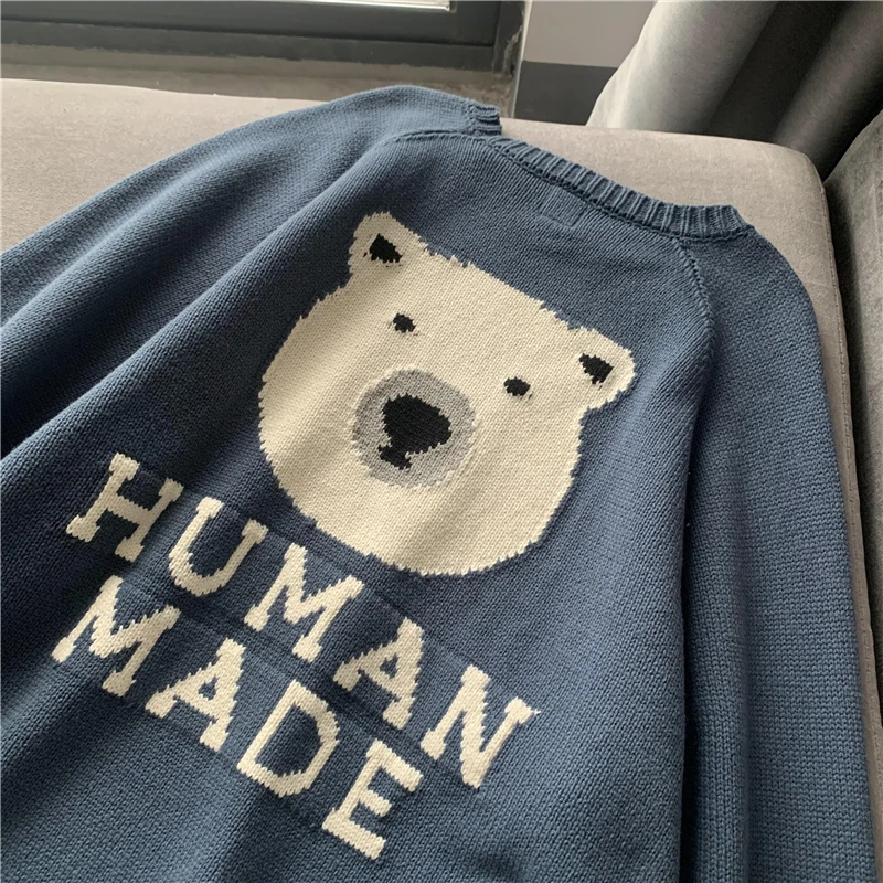 Human Made Sweater Men Women 1:1 Best Quality Cartoon Polar Bear Pattern Knit Sweatshirts Human Made Crewneck cardigan male