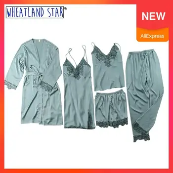 

Hot 5-Piece Robe Set Satin Pyjama Women Ensembles Pijamas Femme Sexy Intimates Autumn Woman Lingerie 2020 Underwear & Sleepwears