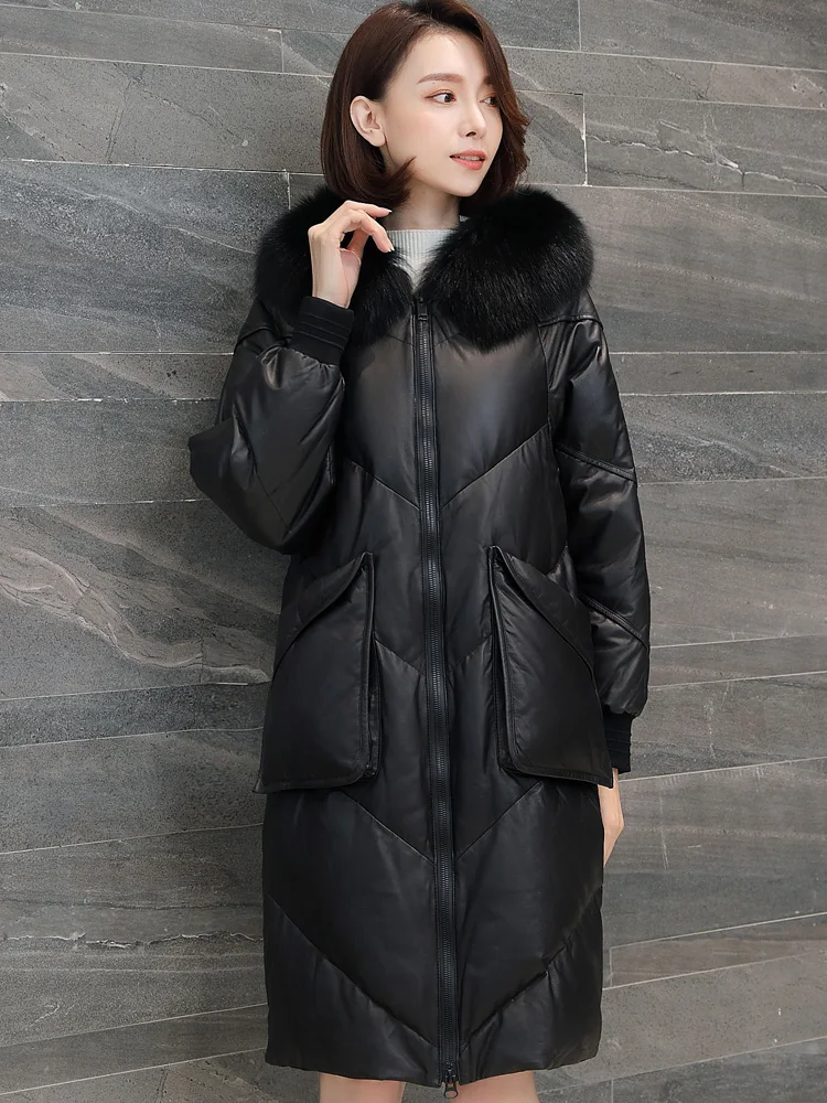Куртка из натуральной кожи с лисьим меховым воротником, осенне-зимнее пальто, женская одежда, овечий пуховик, корейские винтажные топы, ZT3720
