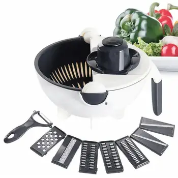 

Household Magic Multifunctional Rotating Vegetable Cutter with Drain Basket Kitchen Veggie Fruit Crusher Grater Slicer