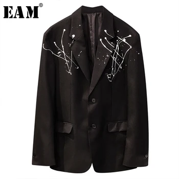

[EAM] Women Black Pattern Printed Tassels Big Size Blazer New Lapel Long Sleeve Loose Jacket Fashion Spring Autumn 2020 1T739