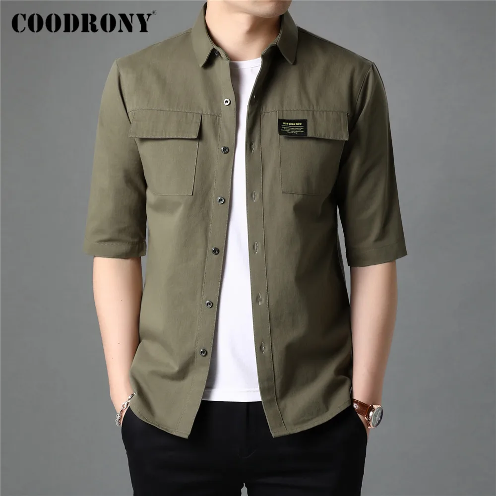 COODRONY Brand Spring Summer High Quality Streetwear Fashion Style Big Pocket 100% Cotton Half Sleeve Shirt Men Clothing C6056S