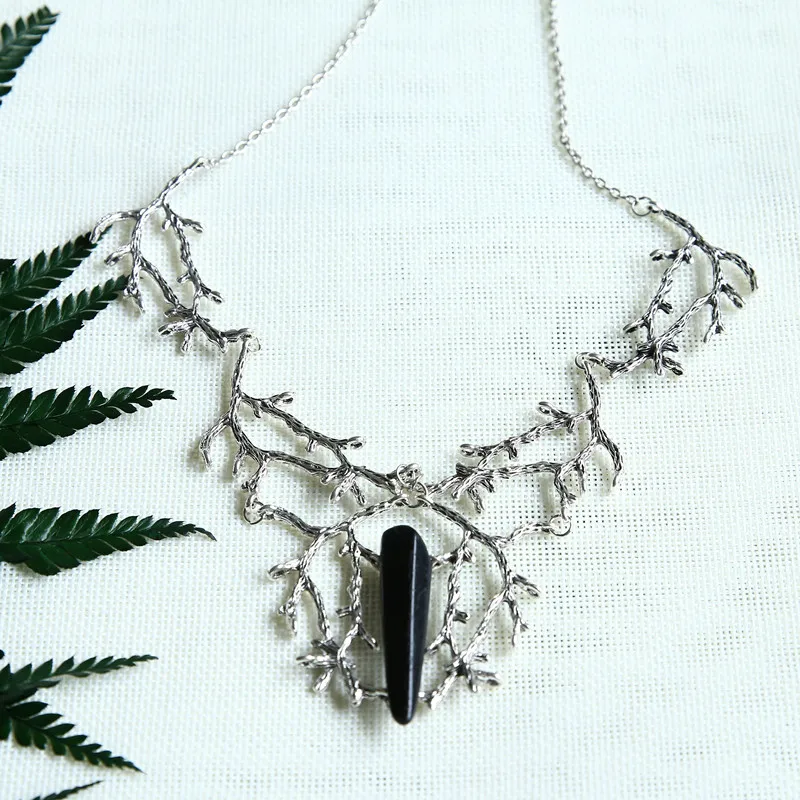 

Black Titanium Raw Quartz Branches Necklace Witch Fantasy Forest Jewelry Silver Gothic Jewellery Statement Wedding Magic Wiccan
