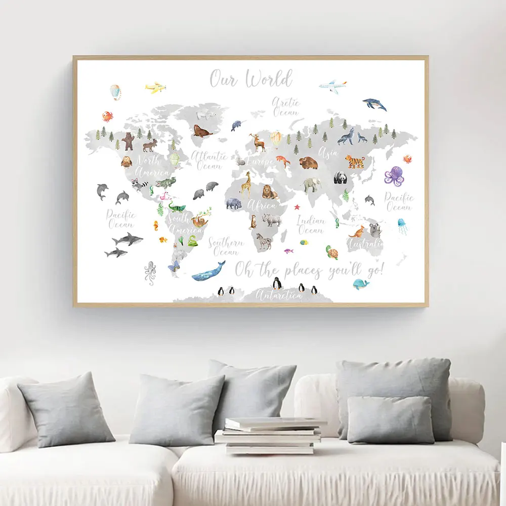 Educational-Animal-World-Map-Picture-Children-Poster-Nursery-Wall-Art-Canvas-Print-Painting-Baby-Kid-Bedroom (1)