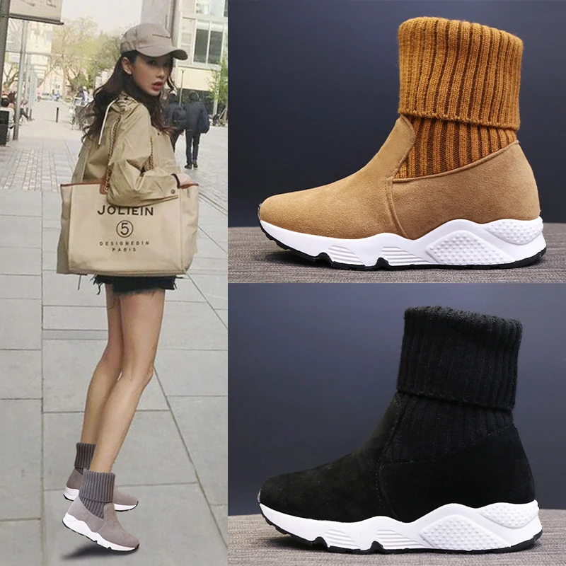 New Ladies Winter Knit Sneakers Women Shoes Designer Winter Sneakers Fur Warm Plush Sport Sock Boots Casual Shoes Female