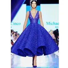 Кутюр синие платья для выпускного вечера глубокий v-образный вырез Саудовская Аравия вечерние платья Мода с кружевами длиной до лодыжки официальная одежда