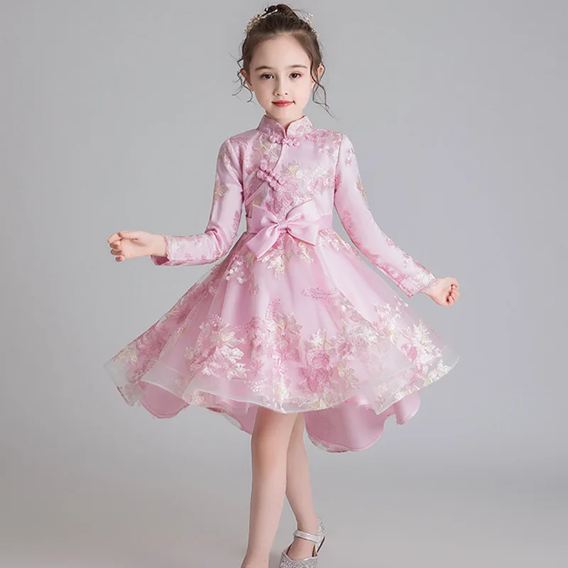 Flower Embroidered Long Sleeve Autumn Winter Bow Lace Tutu Girl Princess Dress Costumes Clothes Show Evening Party Dress WG-1210