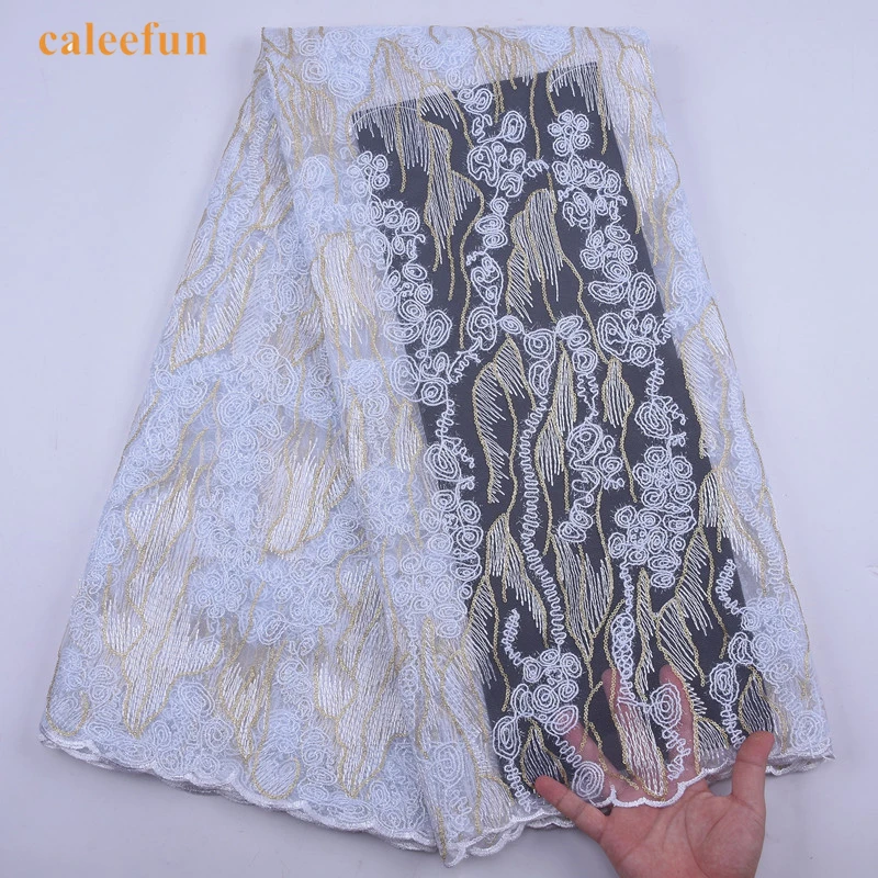 

White French Tulle Lace Fabric 2020 High Quality Embroidery Mesh Lace Fabric Gold Line African Laces Fabric For Wedding Y2059