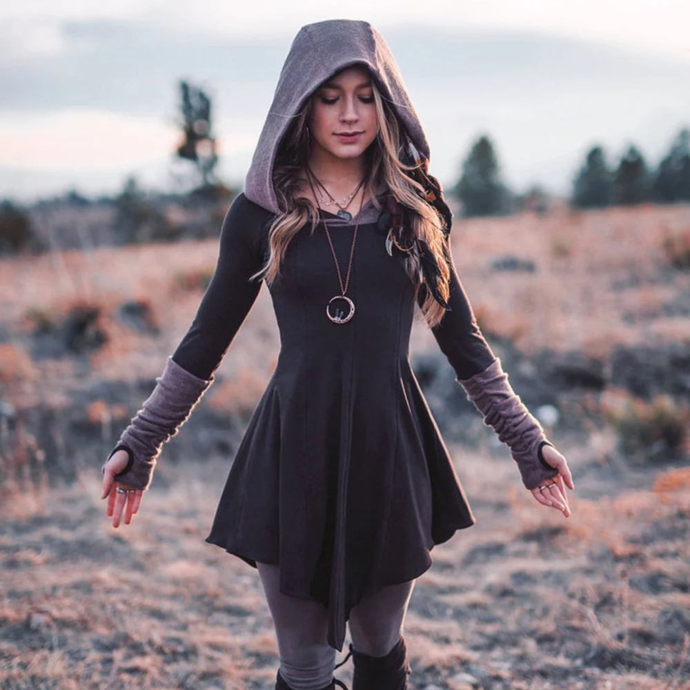 

Hoodie Dress Women Patchwork Fit and Flare Vintage Dress Autumn 2019 Retro Long Sleeve Hooded Sweatshirt Irregular Dresses D25