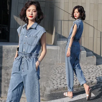 

Fashion Denim Women Jumpsuit With Belt Sleeveless 2020 Summer New Casual turn down Solid Women blue jean Jumpsuits Female Pants