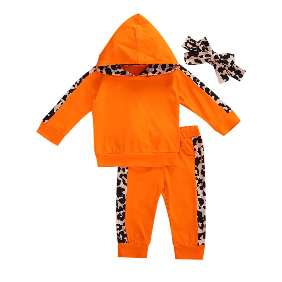 

Autumn Toddlers Baby Boys Girls Suit Leopard Print Splicing Pattern Long Sleeve Hooded Top + Casual Trousers + Bow Headwear Kit