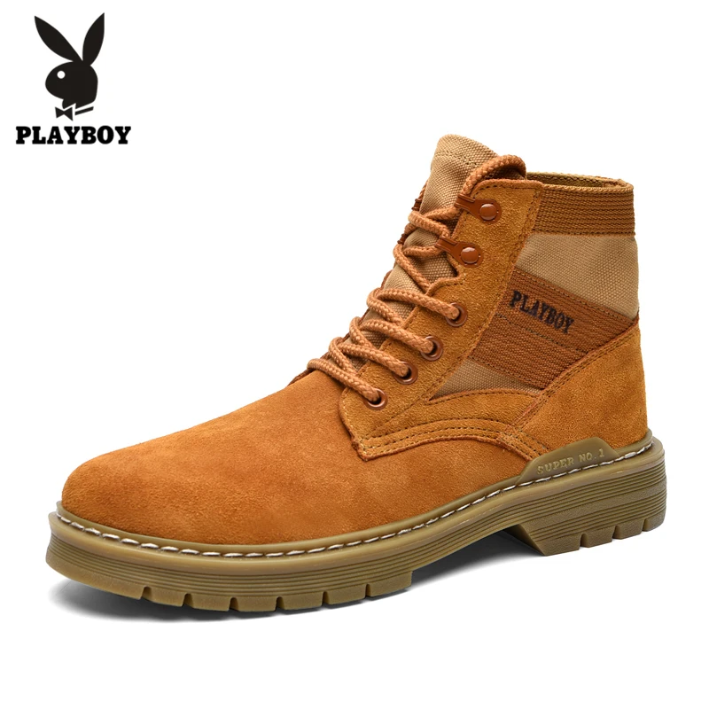 PLAYBOY/Новые мужские ботинки; зимние кожаные ботинки высокого качества; нескользящие ботинки для отдыха; мужские кроссовки на шнуровке в стиле ретро; повседневная обувь - Color: yellow brown