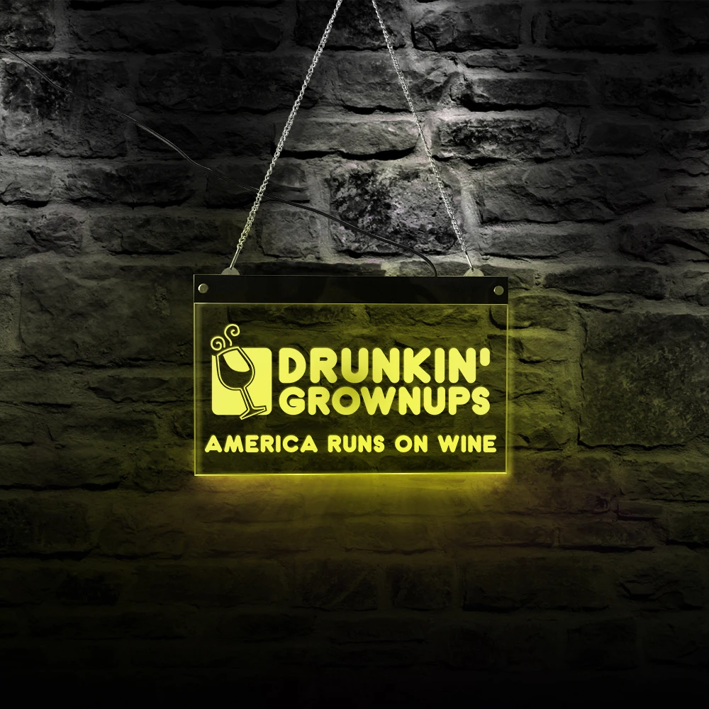 Drunkin' Grownups America Runs On Wine LED Illuminated Display Man Cave Decor Dunkin Donut Pun Multi-color USB Night Light Board | Дом и