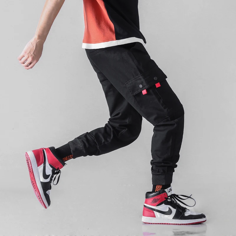 Мужские брюки карго с несколькими карманами, Мужские штаны с эластичной талией, шаровары в стиле хип-хоп, повседневные свободные уличные мужские брюки