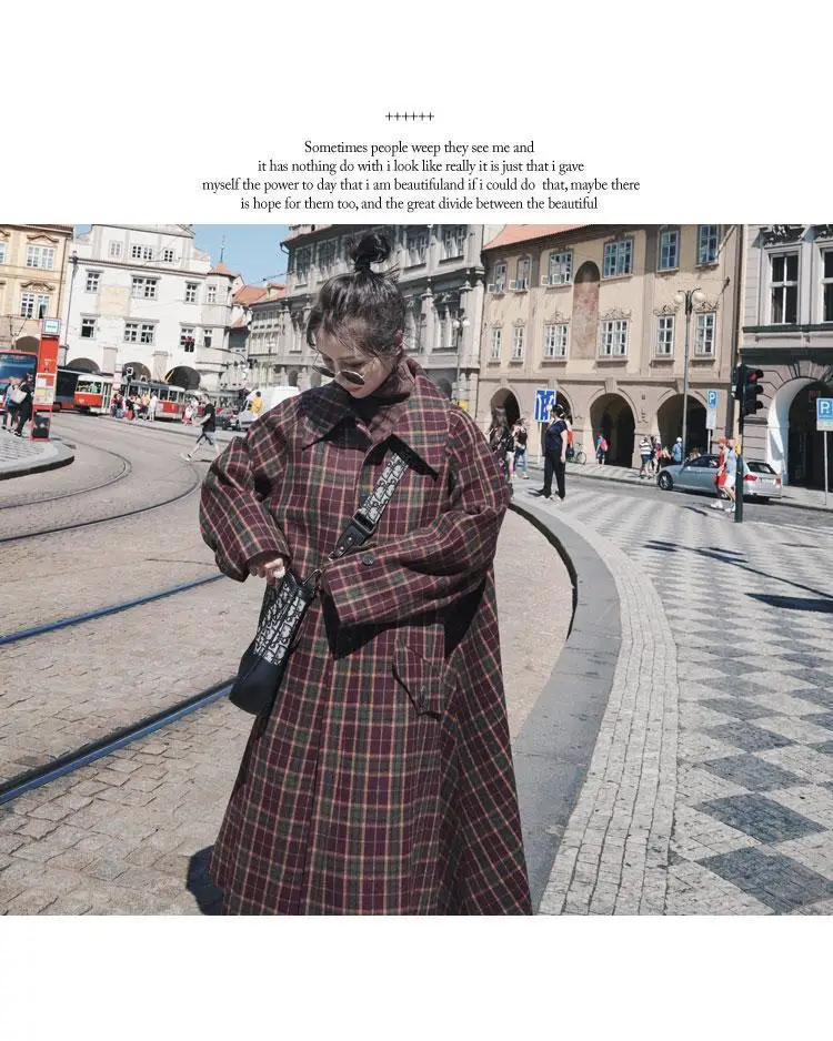Новинка, осенне-зимняя шерстяная куртка для фотосессии, женский корейский стиль, свободный крой, фиолетовый, красный, в клетку, длинная, повседневная, шерстяная