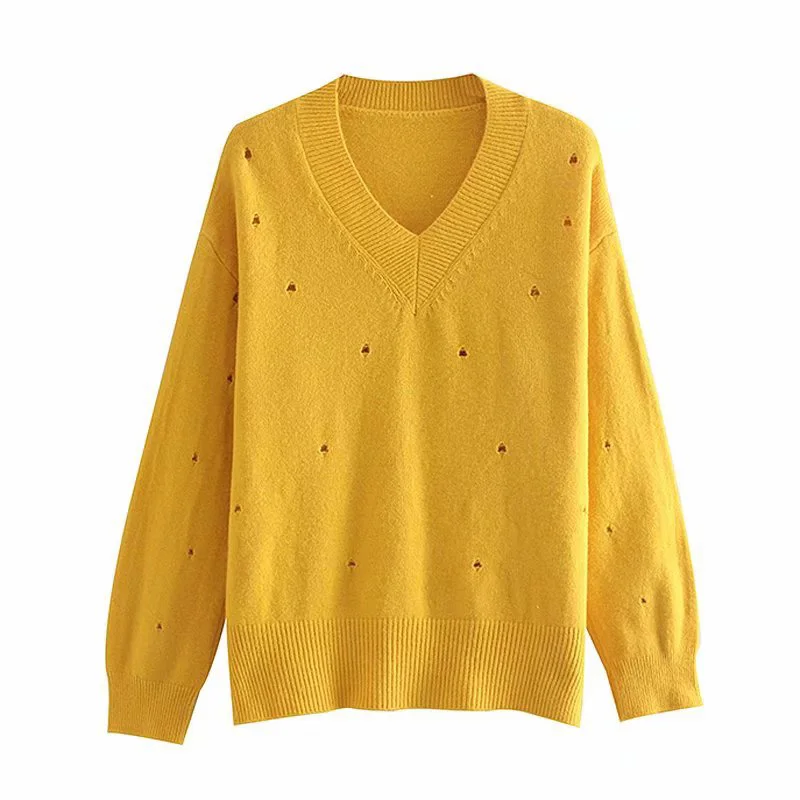 

Hollow V-Neck Pullovers Spring Autumn Slim Basic Sweater Women Western style Simple Full Sleeve Knitted O-Neck Sweater Tops