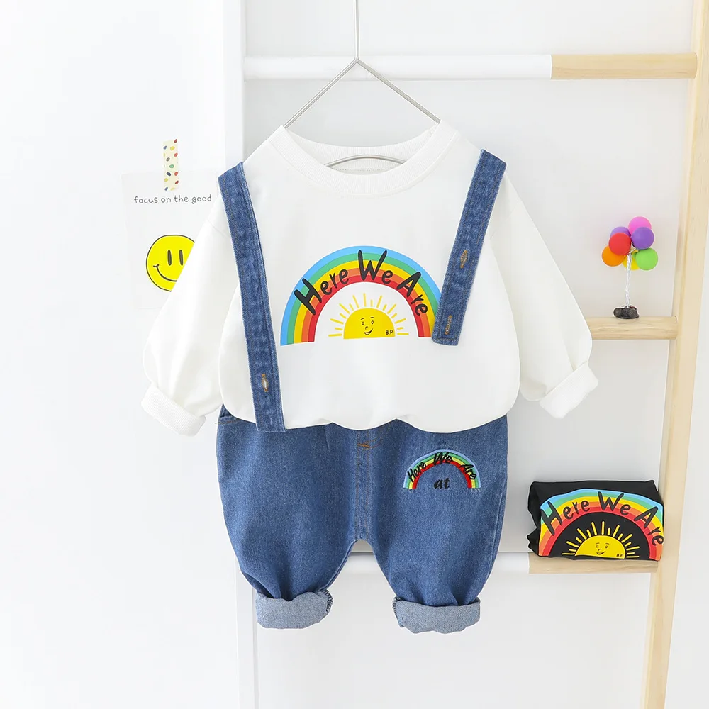 Spring Infant Clothing For Baby Boy Set Rainbow Pattern Hoodie Top+Denim Suspenders Pants 2pcs Black White Cotton Toddler Suit