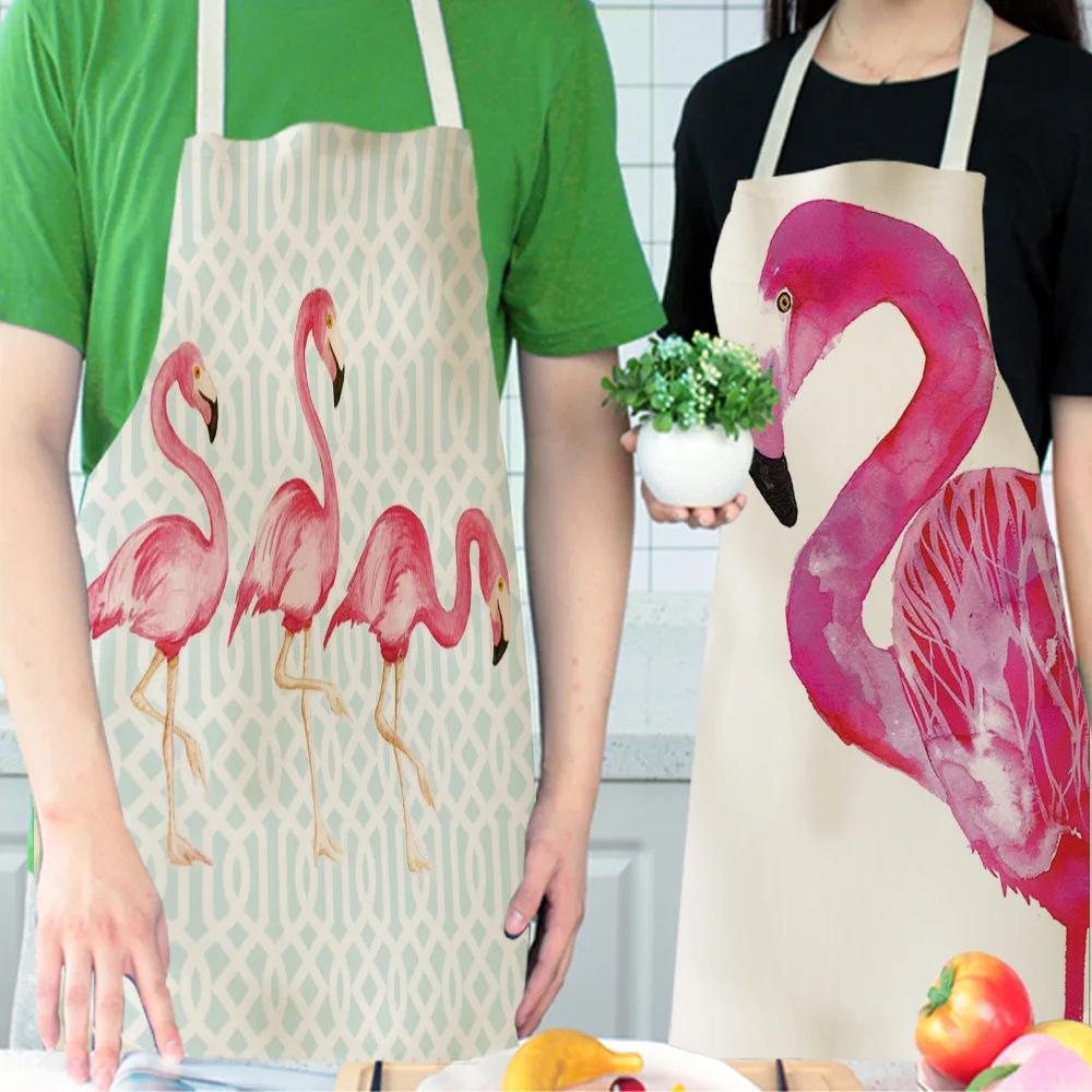 Antifouling Kitchen Apron Flamingo Printed Cotton Linen Sleeveless man women Chef Cooking Aprons Kitchen accessories 68*55cm 027
