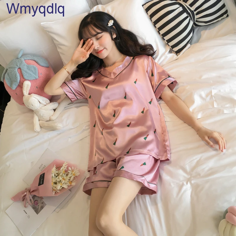 

Wmyqdlq Pajamas Women Summer Simulation Silk Ice Silk Sexy V-Neck Short-Sleeved Shorts Home Service Two-Piece Suit