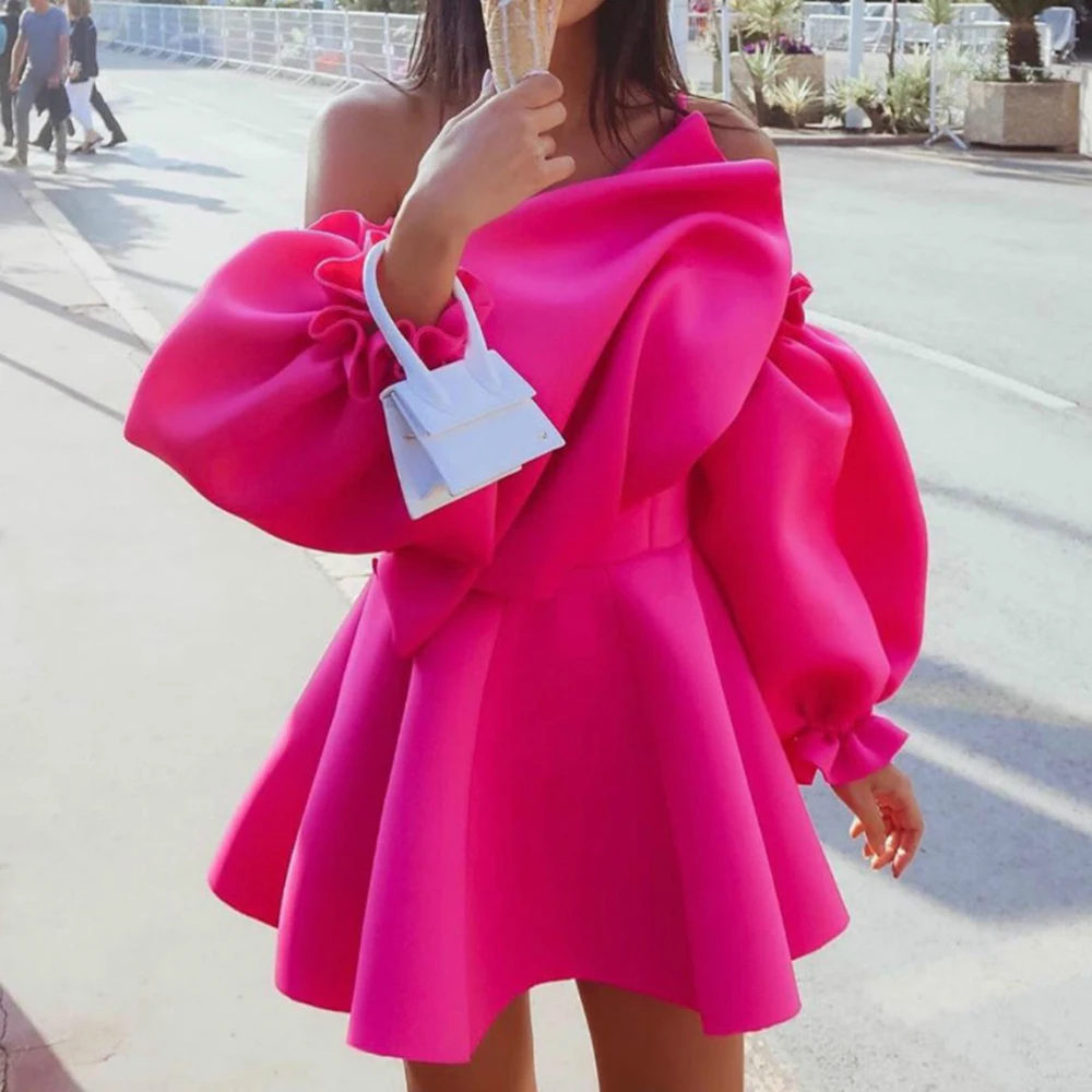 Party Dress Mini Sexy Pleated Puff Sleeve One Shoulder Spaghetti Strap Women Backless Clubwear Dinner Night Christmas Tunics | Женская