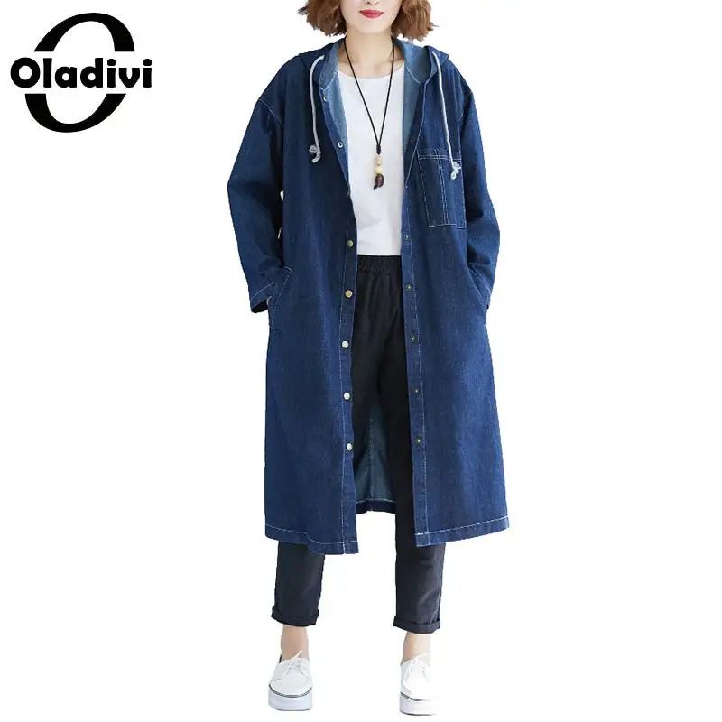 

Oladivi Plus Size Women Denim Shirts Fashion Ladies Trench Coat Casual Jeans Overcoat Spring Autumn Cardigans Female Tops Tunics