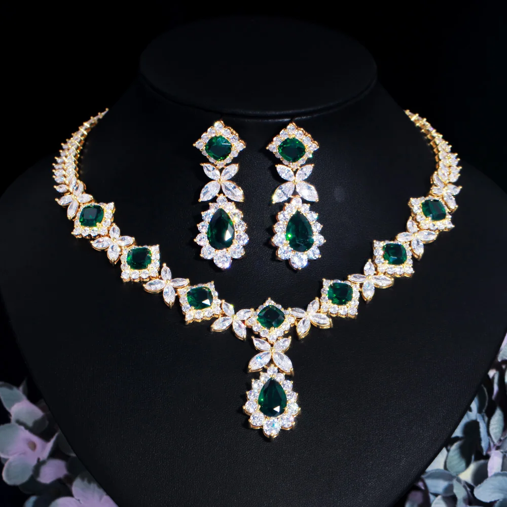 CWWZircons Big Leaf Drop Green Cubic Zircon Party Costume Jewelry Sets for Brides Wedding Accessories Dubai Gold Plated T604