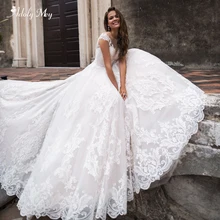 Adoly Mey Гламурные Аппликации со шлейфом трапециевидной формы свадебные платья элегантное винтажное платье невесты с глубоким вырезом и коротким рукавом размера плюс