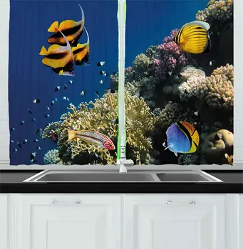 

Multicolor Ocean Kitchen Curtains Underwater Life Hard Coral Reef Red Sea Egypt Tropical Fishes Aquatic Nautical Image