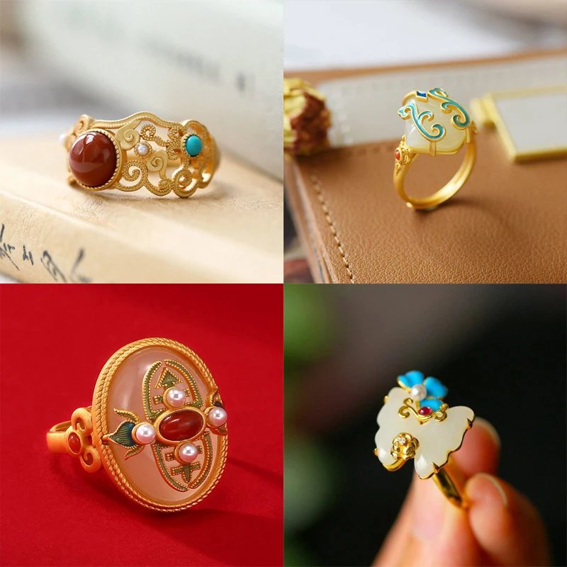 Silver Chinese retro enamel ring inlaid with Hetian jade adjustable opening for women silver ring,silver rings,jade ring