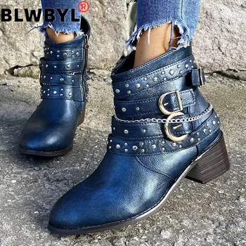

Fashion Women's Boots Ladies Short Bootie Pointed Toe Zipper Cowboy Motorcycle Leather Rivet Shoes Ankle Boots Botas Mujer#g3