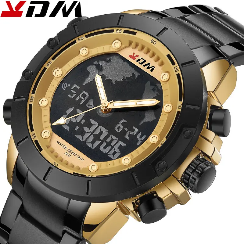 

Business Men Watch Steel Band Dual Quartz Digital Display LCD Back Light Watches Sports Luxury Top reloj hombre Led Waistwatch