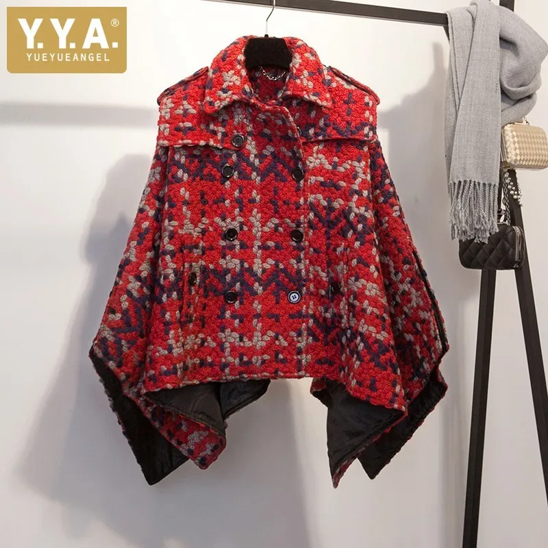 High Street Осень Зима женский плед нерегулярные плащ пальто высокого качества Модные двубортные с квадратным воротником красные куртки