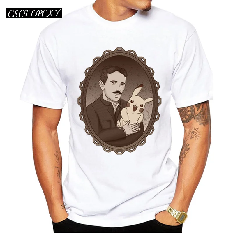 

Go Men T-shirt Fashion Tesla's Secret Design Tops Nikola Tesla With Pikachu Retro Printed tee shirts