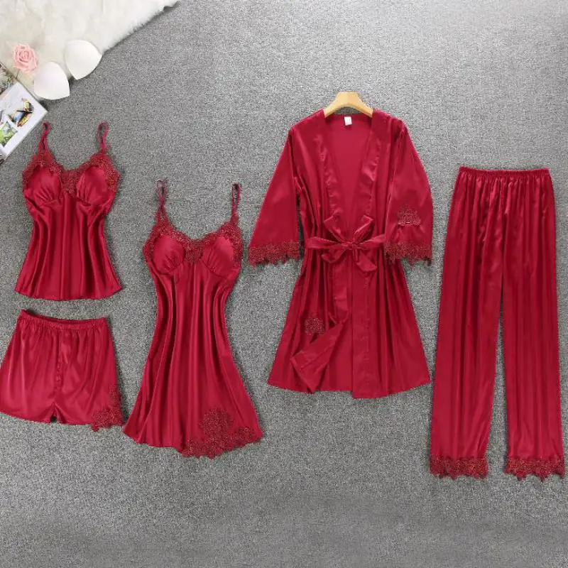 

Пижамные комплекты из 5 предметов, сексуальные женские пижамы, атласная кружевная Пижама, шелковая летняя Домашняя одежда, ночное белье с аппликацией, Пижама для отдыха