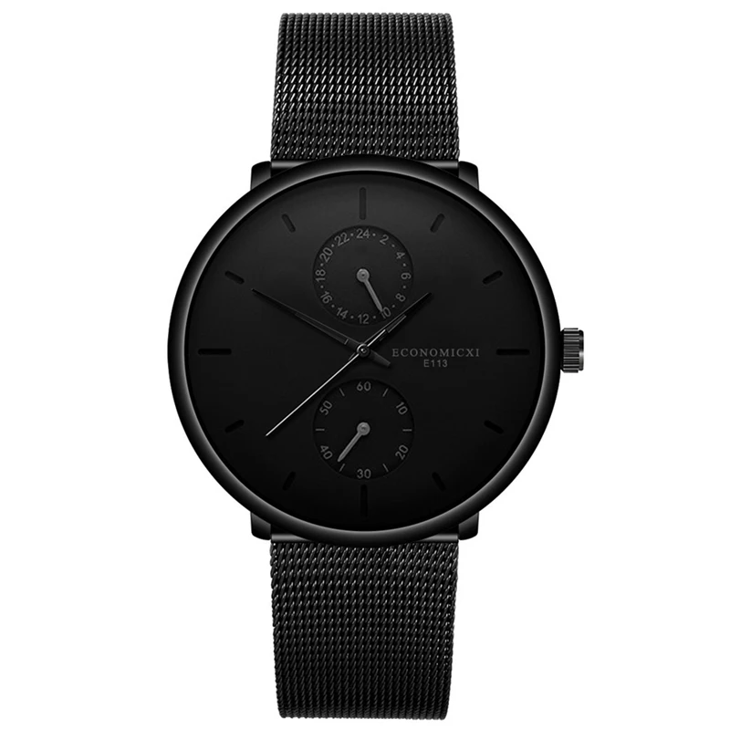 Black Relojes Hombre синий указатель кварцевые мужские часы повседневные трендовые из нержавеющей стали с сетчатым ремешком ультра тонкий подарок деловые наручные часы - Цвет: Black