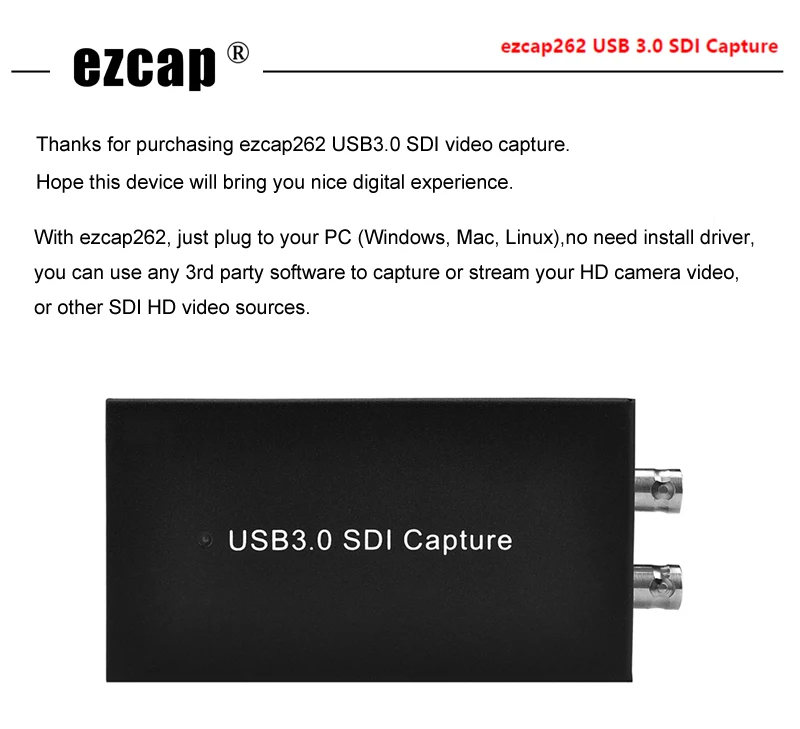 SDI Video Capture Card Recording Device Over USB 3.0 3G/HD/SD-SDI Signals Grabber Live Streaming Box 1080p 60Hz, SDI Loopout TV