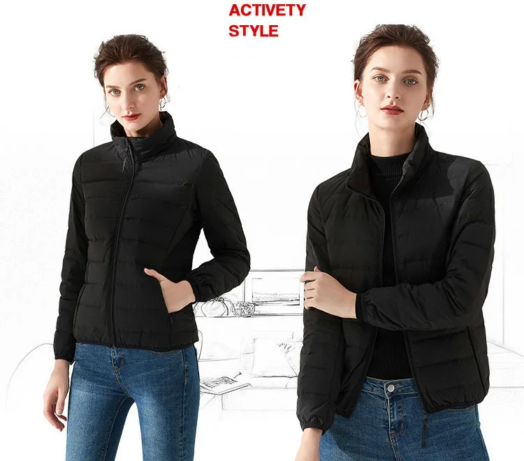 Fall Winter Women Warm Jacket Duck Down Filler Fashion Female Bomber Short Coat Slim Cropped Jacket Stand Collar Grey Black
